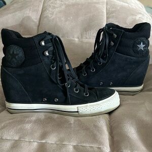Converse RARE Platform Plus Collar Hi Top Hidden Wedge Black Suede Womens 9